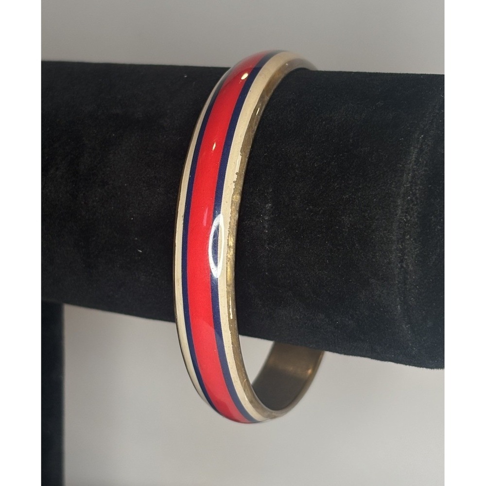 Vintage Brass Bangle Bracelet 1970s Red Blue Stripe Retro Stackable